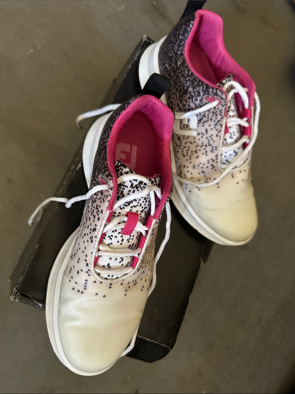 White and Pink Speckled Footjoy Golf Shoes